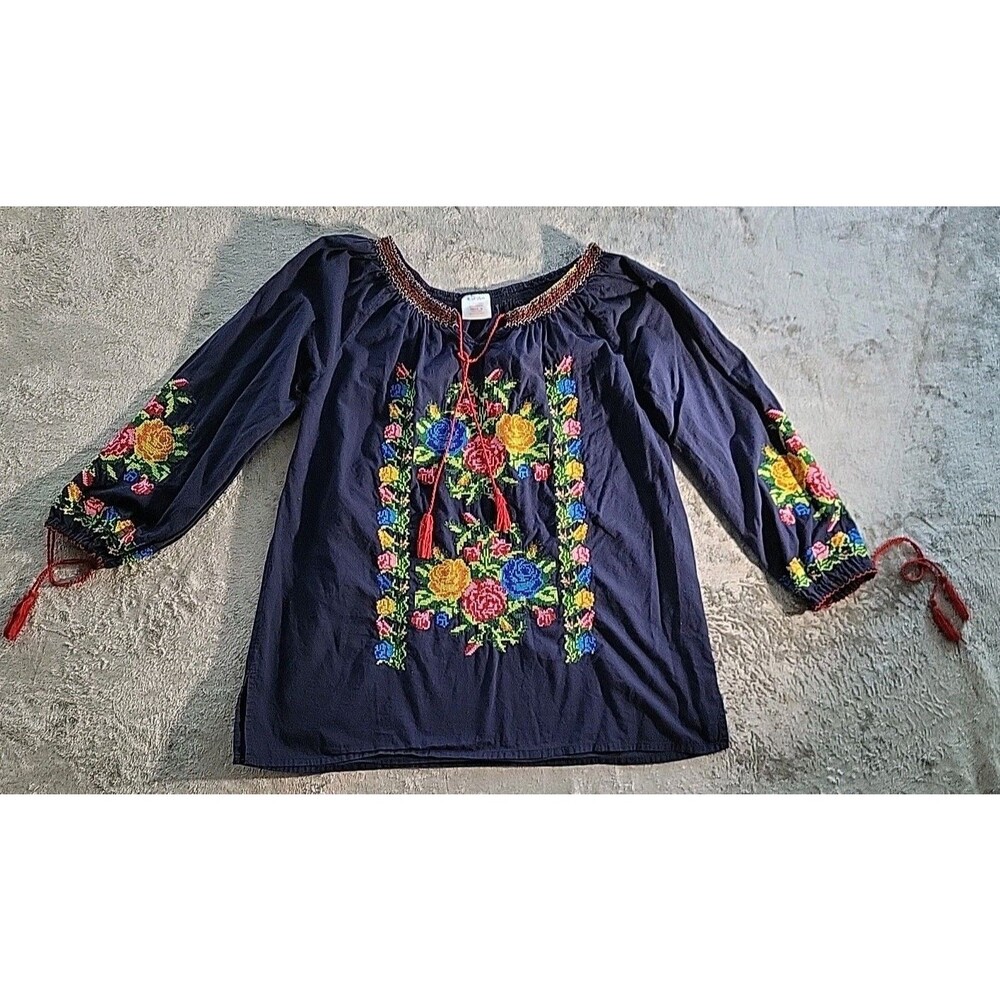 Royal Moda Tunic Blouse Women's  Large Embroidered Navy Floral Boho Hippy